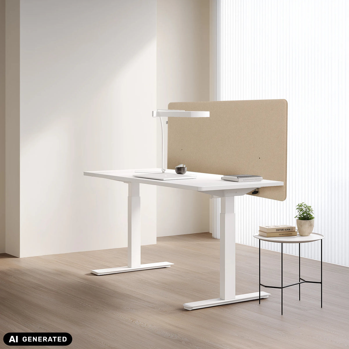 Cloison de table FLEXMIUT D1 beige sur un bureau blanc de hjh OFFICE (image générée par IA)