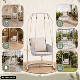 Fauteuil suspendu Skylo beige avec structure blanche et coussin dans diverses pièces de hjh LIVING (image générée par IA)