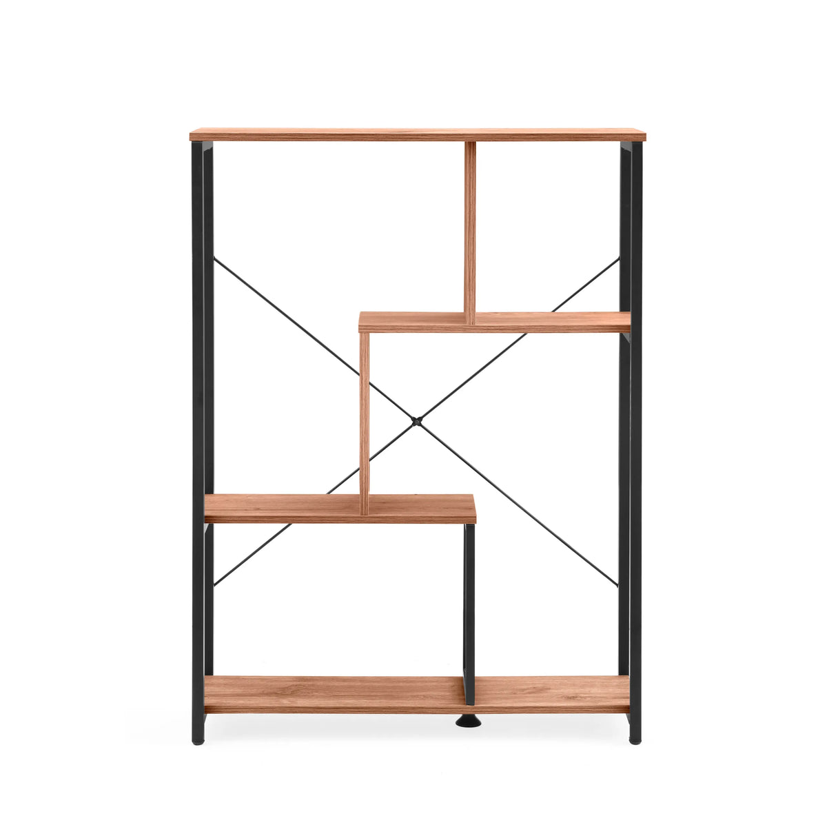 Étagère Kalag Eco en noir et chêne avec des tablettes asymétriques et des entretoises en croix de hjh LIVING – vue à 360° (vue de face 0°)