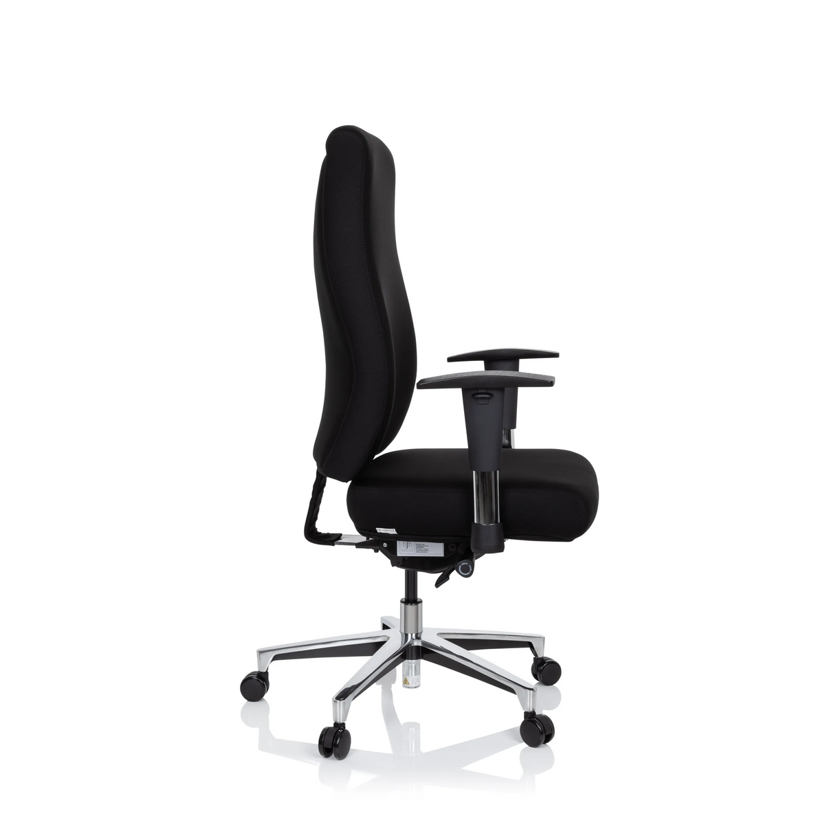 Siège de bureau de qualité professionnelle FORCOM noir avec accoudoirs et pied à cinq roulettes de hjh OFFICE – vue à 360° (vue de profil 80°)