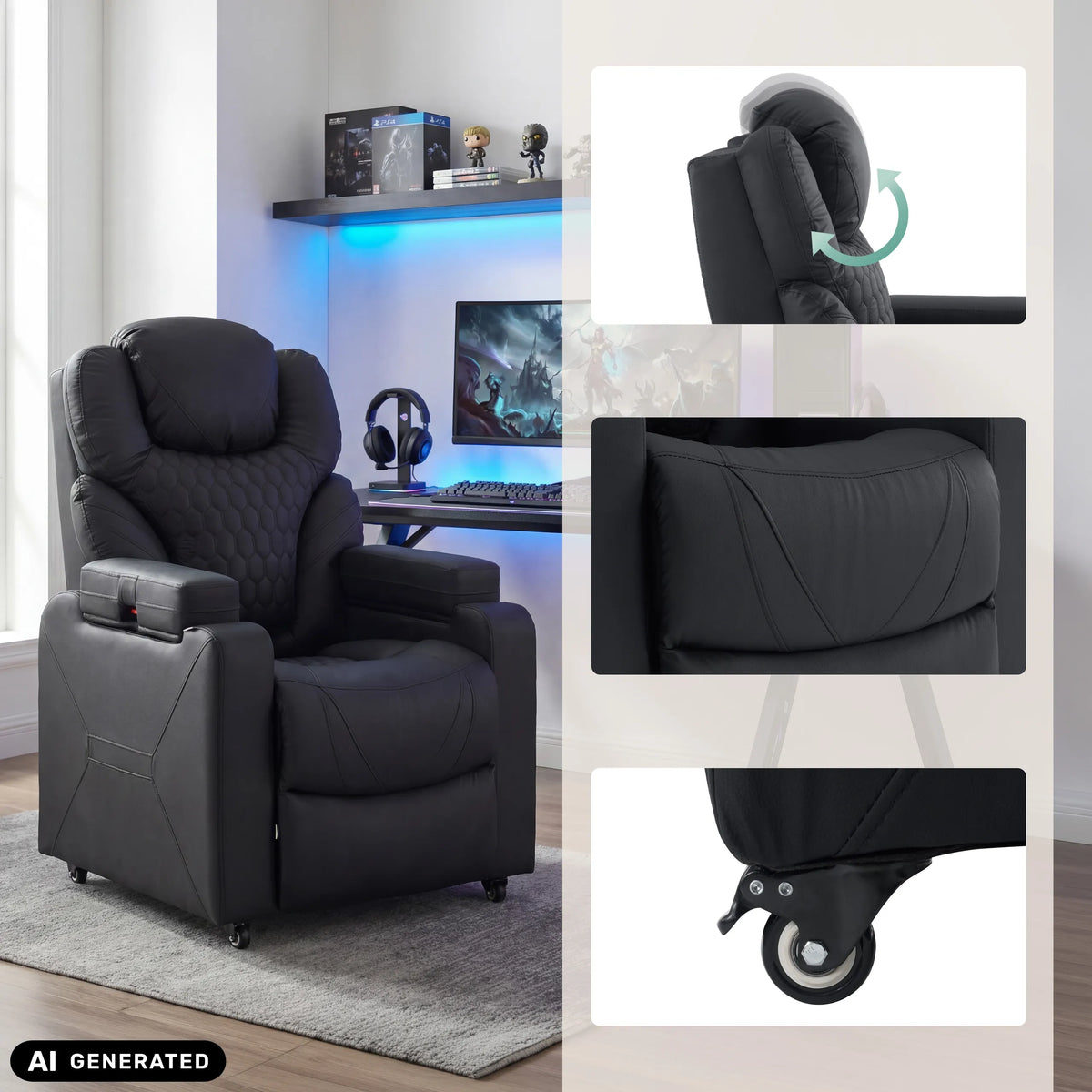 Fauteuil de salon Game Sport RX noir avec vues détaillées de l'appui-tête et des roulettes de hjh OFFICE (image générée par IA)