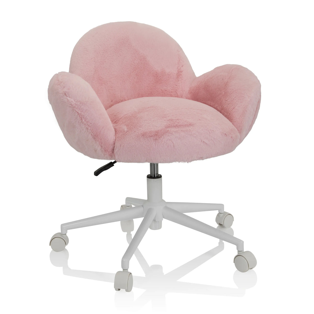 Chaise pivotante pour des enfants KID TEDDY rose avec housse fluffy et piètement blanc à cinq roulettes de hjh OFFICE – vue à 360° (vue de face 20°)