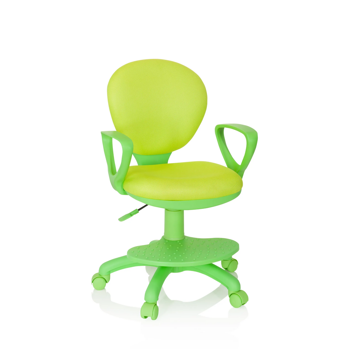 Chaise pivotante pour des enfants KID COLOUR verte avec accoudoirs et piètement à cinq roulettes de hjh OFFICE – vue à 360° (vue de face 20°)
