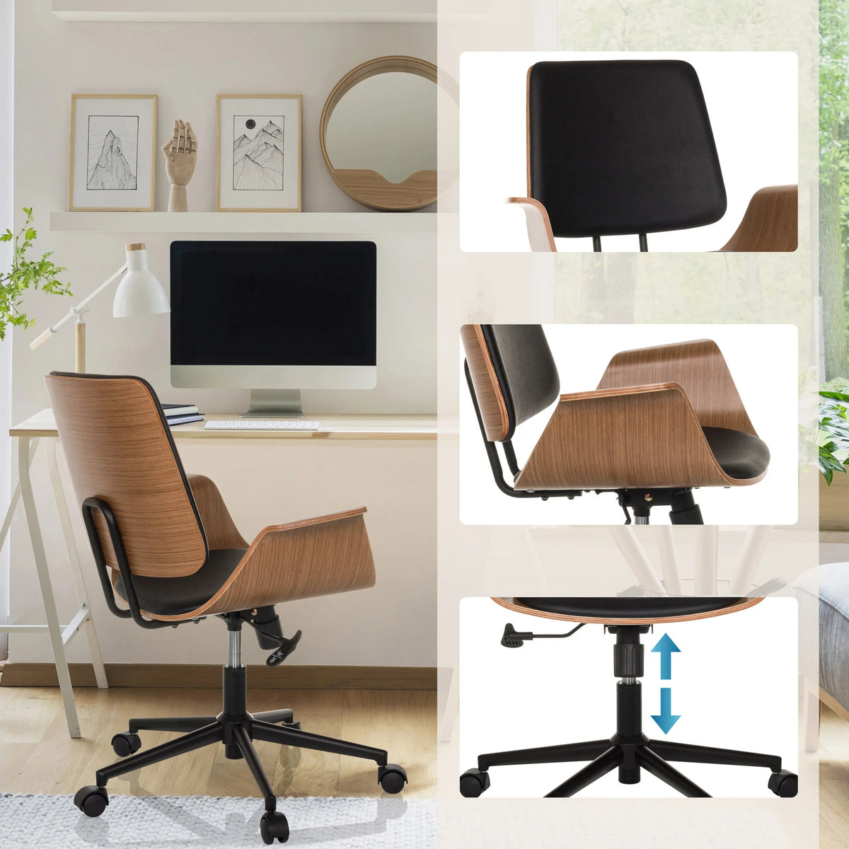 Siège de bureau à domicile CENCA II avec coque en bois, coussin noir et vérin à gaz de hjh LIVING