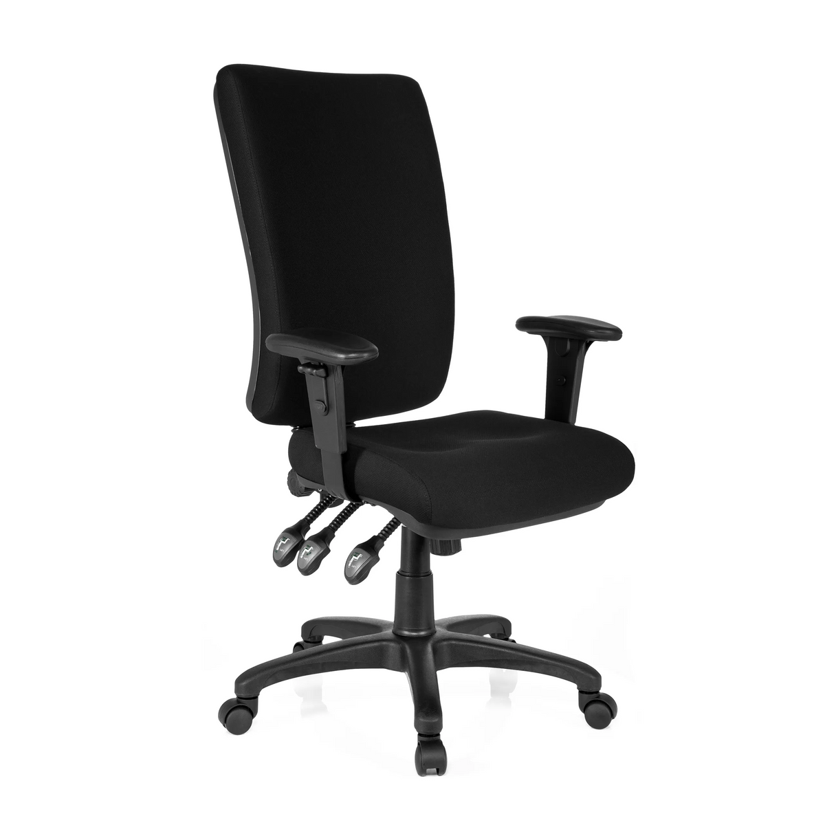 Siège de bureau de qualité professionnelle ZENIT HIGH noir avec accoudoirs et base à cinq roulettes de hjh OFFICE – vue à 360° (vue de trois quarts avant 40°)
