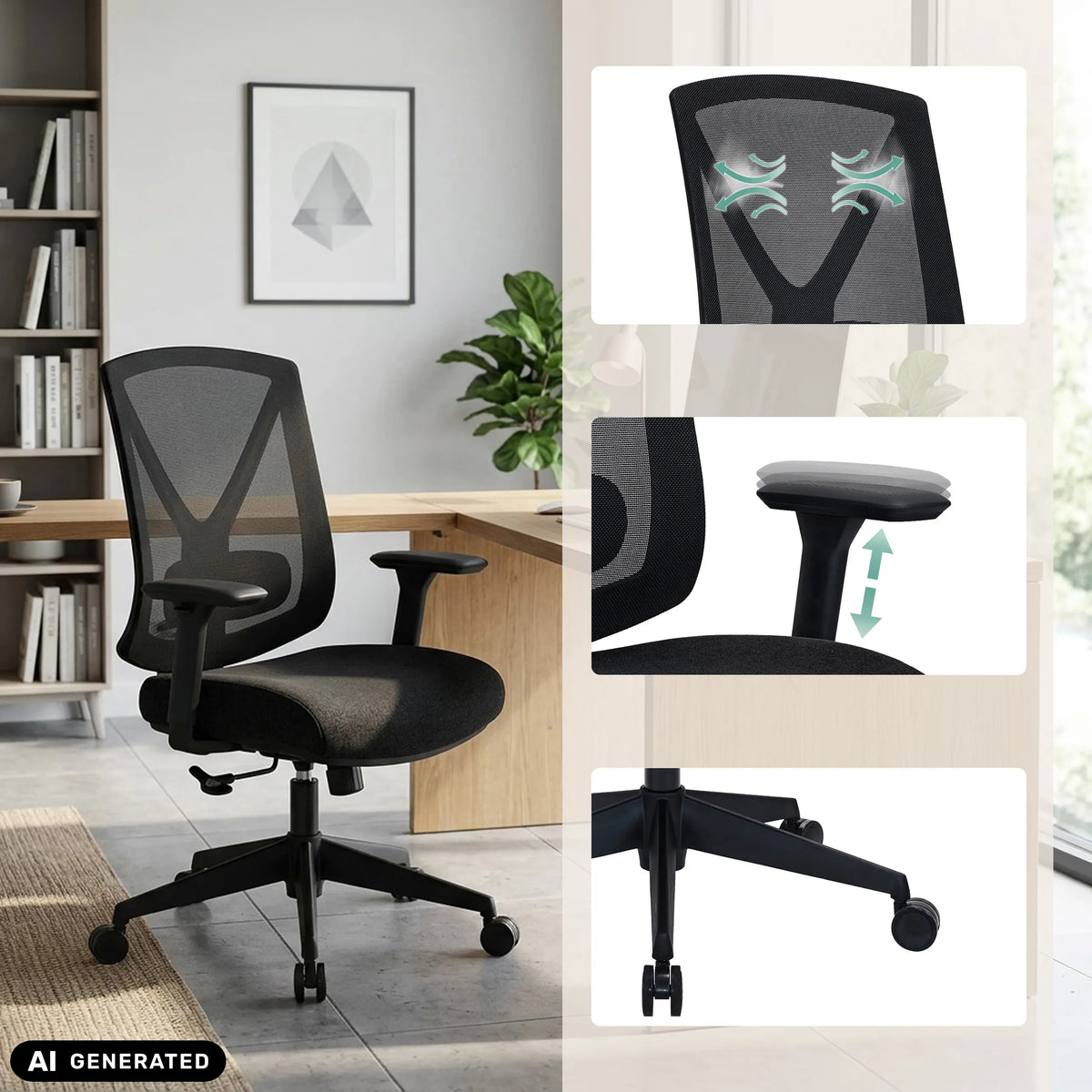 Siège de bureau de qualité professionnelle Mirou en noir avec dossier en maille, accoudoirs réglables et étoile de hjh OFFICE (image générée par IA)