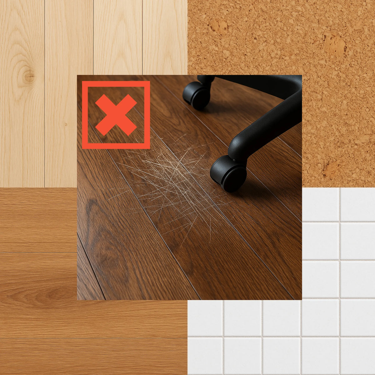 Kratzer auf einem dunklen Holzboden durch Rollen eines Bürostuhls ohne Bodenschutzmatte FORTIFLEX von hjh OFFICE