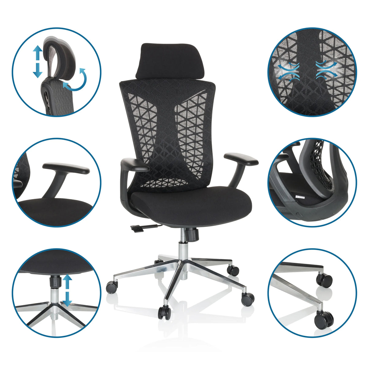 Siège de bureau de qualité professionnelle FALEO B en noir avec appuie-tête, accoudoirs et roulettes réglables de hjh OFFICE