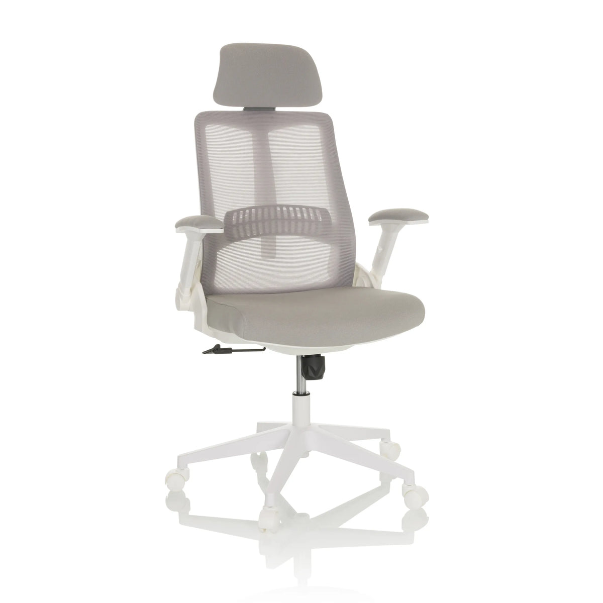 Siège de bureau à domicile VENDO W gris avec dossier en maille et pied en étoile blanc à cinq roulettes de hjh OFFICE – vue à 360° (vue de face 15°)