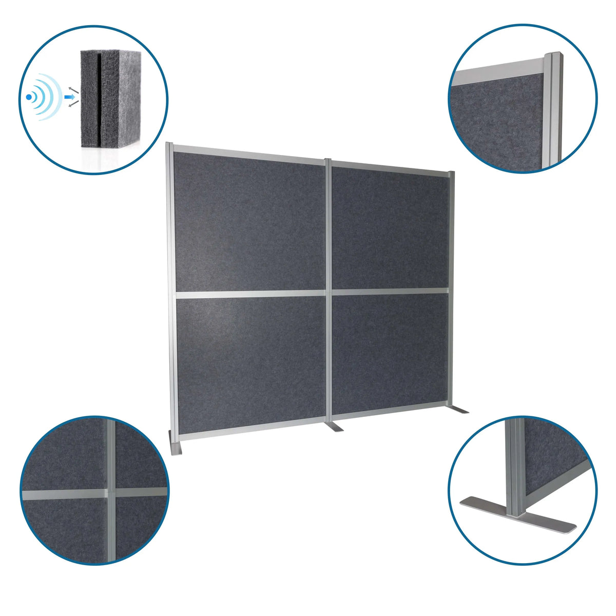 Cloisons de séparation FLEXMIUT MODUL grises avec cadre en aluminium, pied en T et rembourrage acoustique de hjh OFFICE