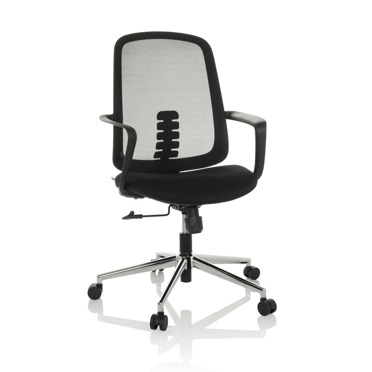 Siège de bureau à domicile SEDIOLO B noir avec dossier en maille et pied à cinq roulettes de hjh OFFICE – vue à 360° (vue de trois quarts avant 30°)