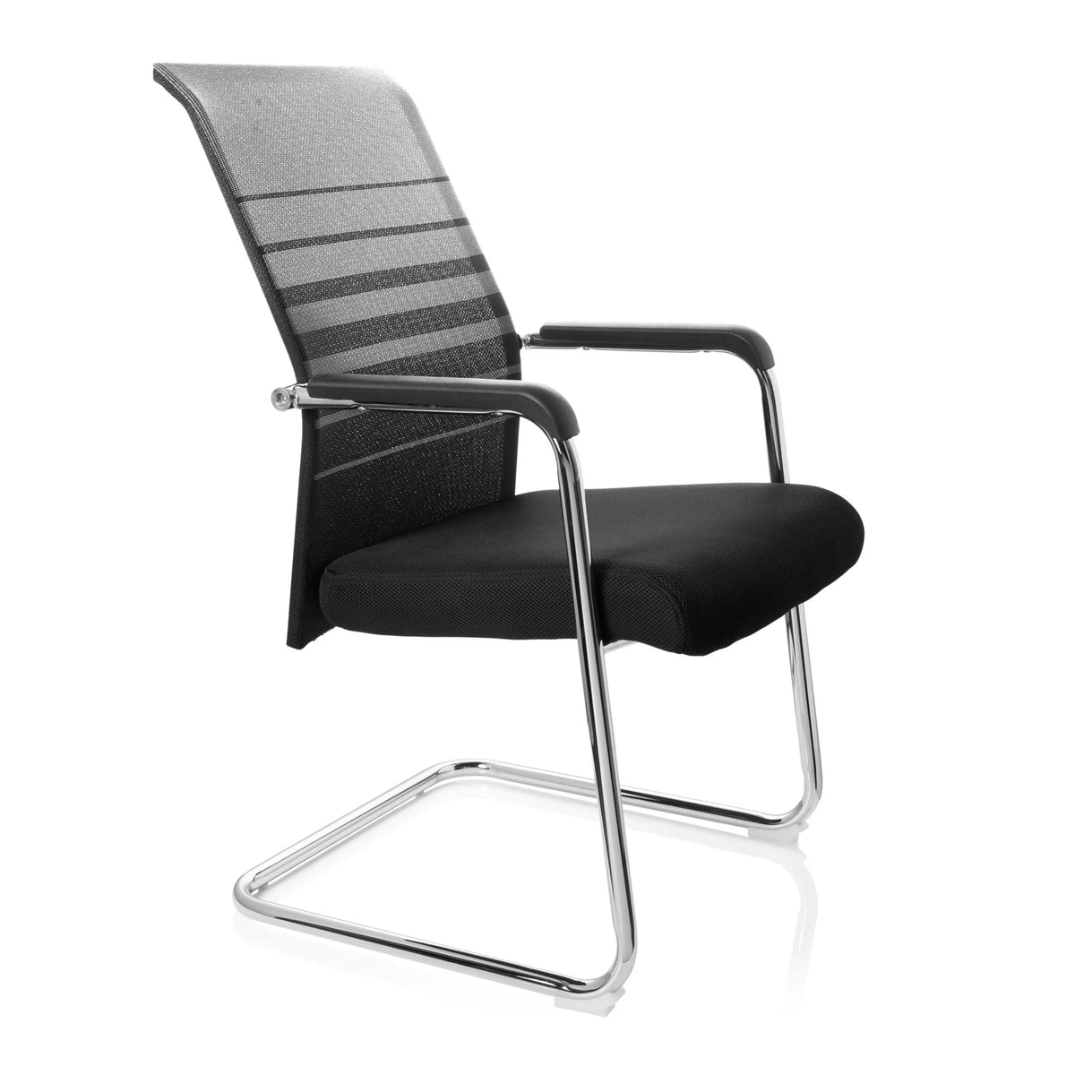 Chaise cantilever FALCONE V noir et gris avec dossier en maille, accoudoirs et piètement luge de hjh OFFICE – vue à 360° (vue de trois quarts avant 60°)