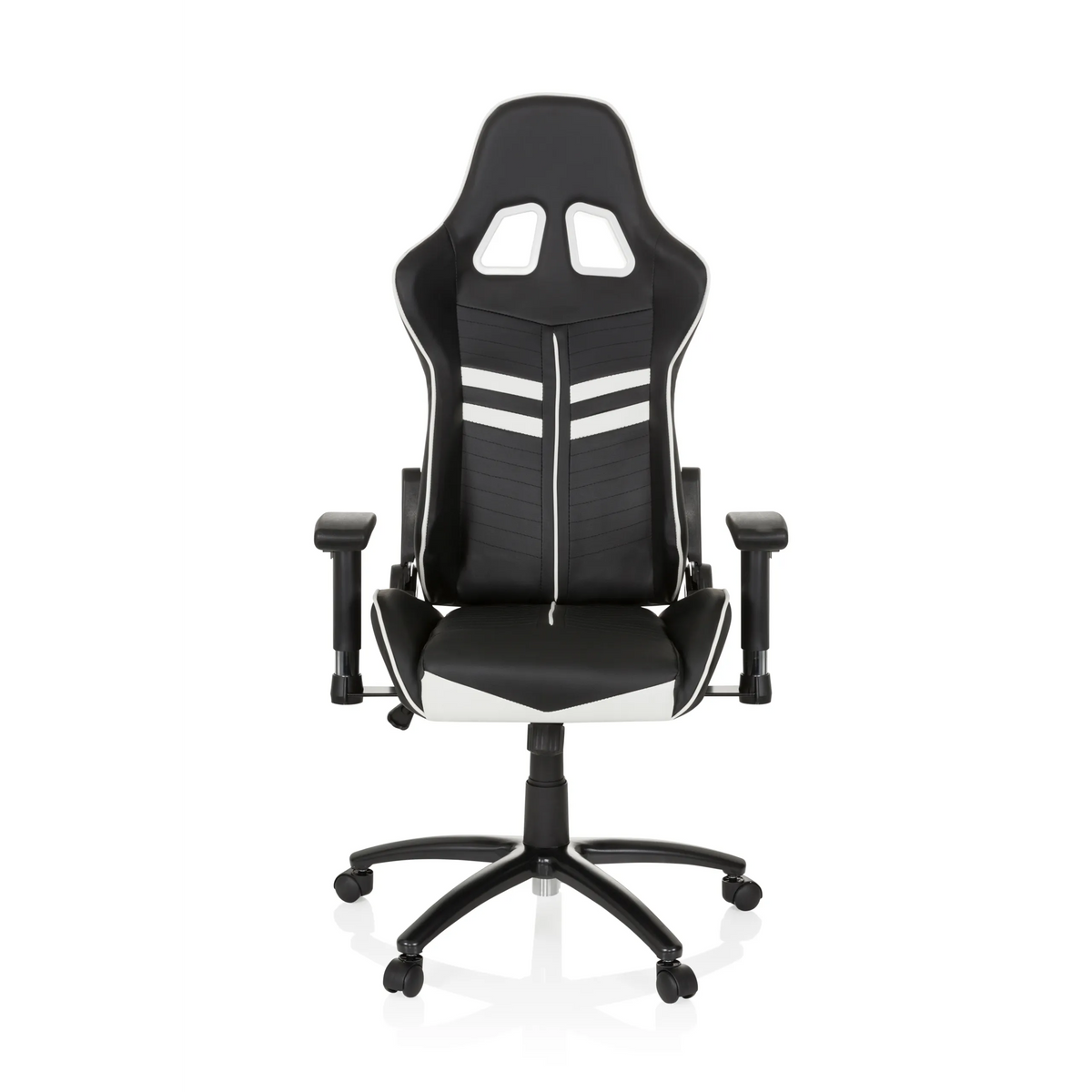 Fauteuil Gamer LEAGUE PRO noir et blanc avec appui-tête et base à cinq roulettes de hjh OFFICE – vue à 360° (vue de face 0°)
