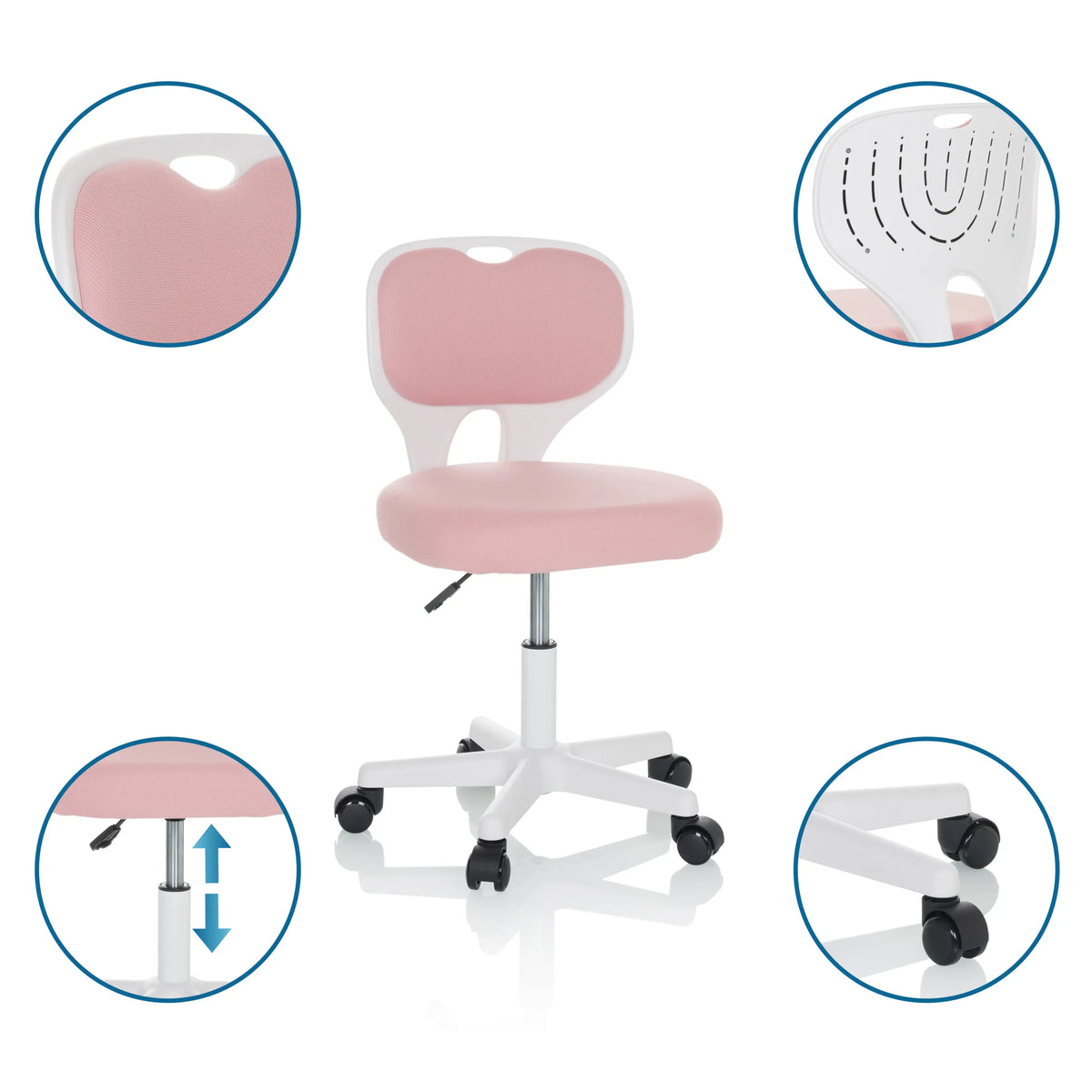 Chaise pivotante pour enfants KIDDY TOP W rose avec structure blanche, roulettes et siège réglable en hauteur de hjh OFFICE