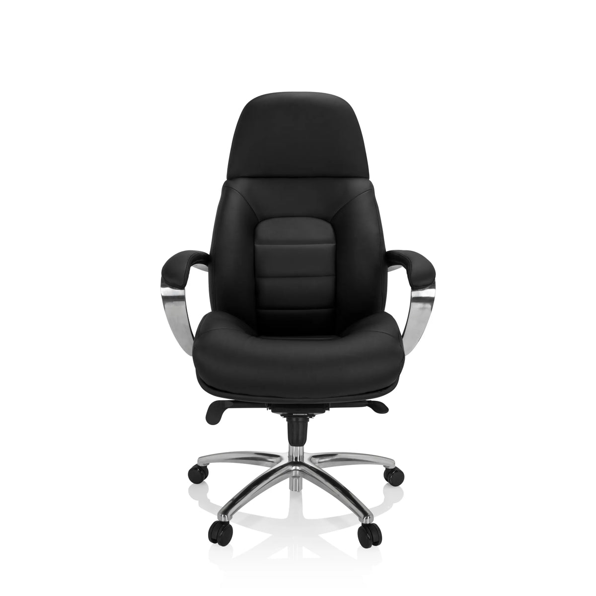 Siège pivotant BRENTON XXL noir avec accoudoirs et base à cinq roulettes de hjh OFFICE – vue à 360° (vue de face 0°)
