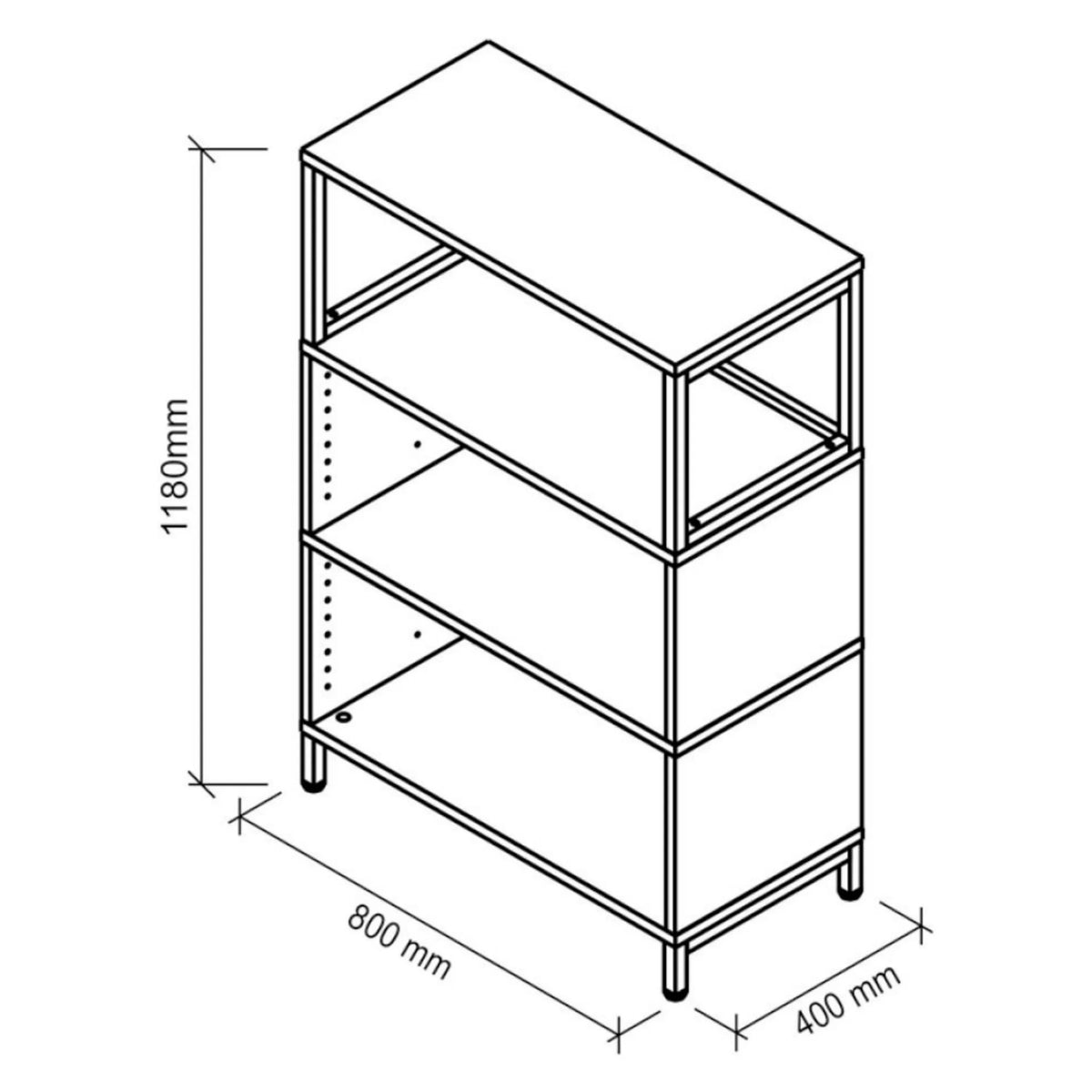 Dessin technique de l'étagère FlexWall de 800 x 400 mm et d'une hauteur de 1180 mm de hjh OFFICE PRO