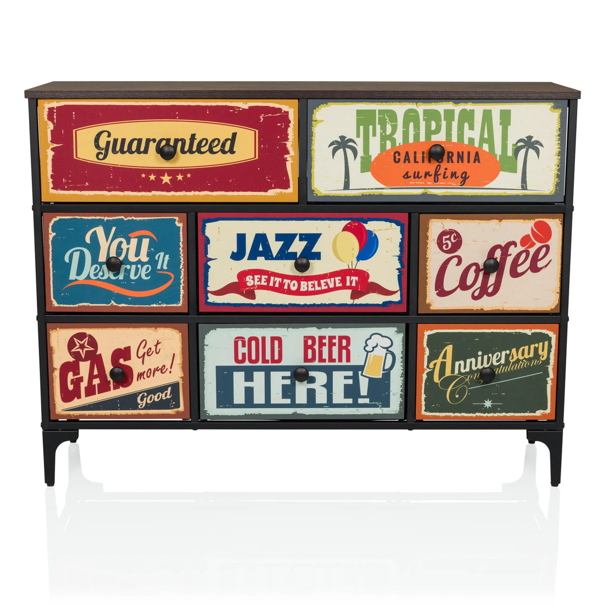 Commode AMERIKO B avec six tiroirs vintage imprimés colorés et pieds noirs de hjh LIVING – vue à 360° (vue de face 0°)
