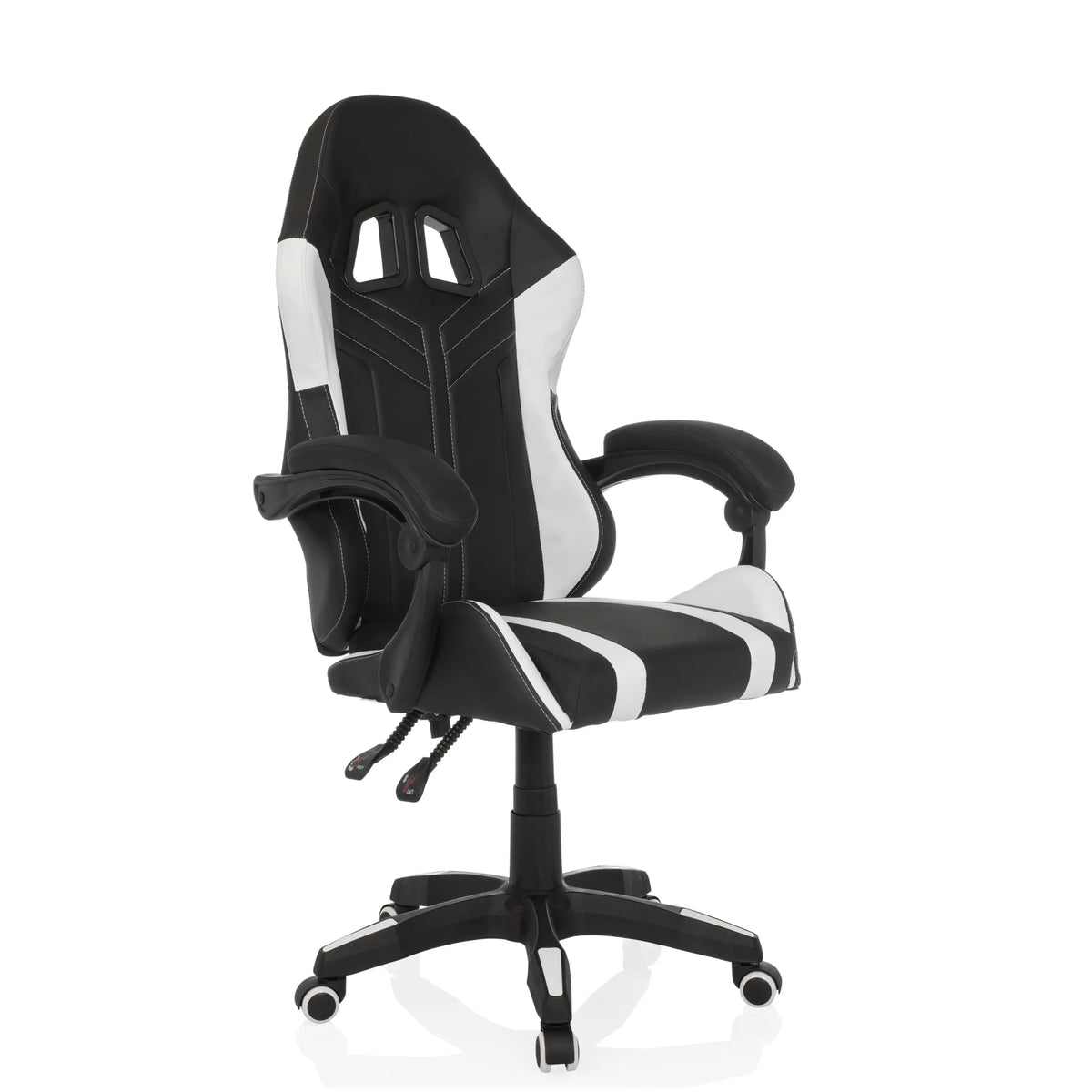 Fauteuil Gamer GAMEBREAKER W02 noir et blanc avec pied à cinq roulettes de MyBuero – vue à 360° (vue de trois quarts avant 45°)
