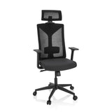 Siège de bureau de qualité professionnelle KODIAK noir, dossier maille, appuie-tête et base à 5 roulettes de hjh OFFICE – vue à 360° (vue de face 20°)