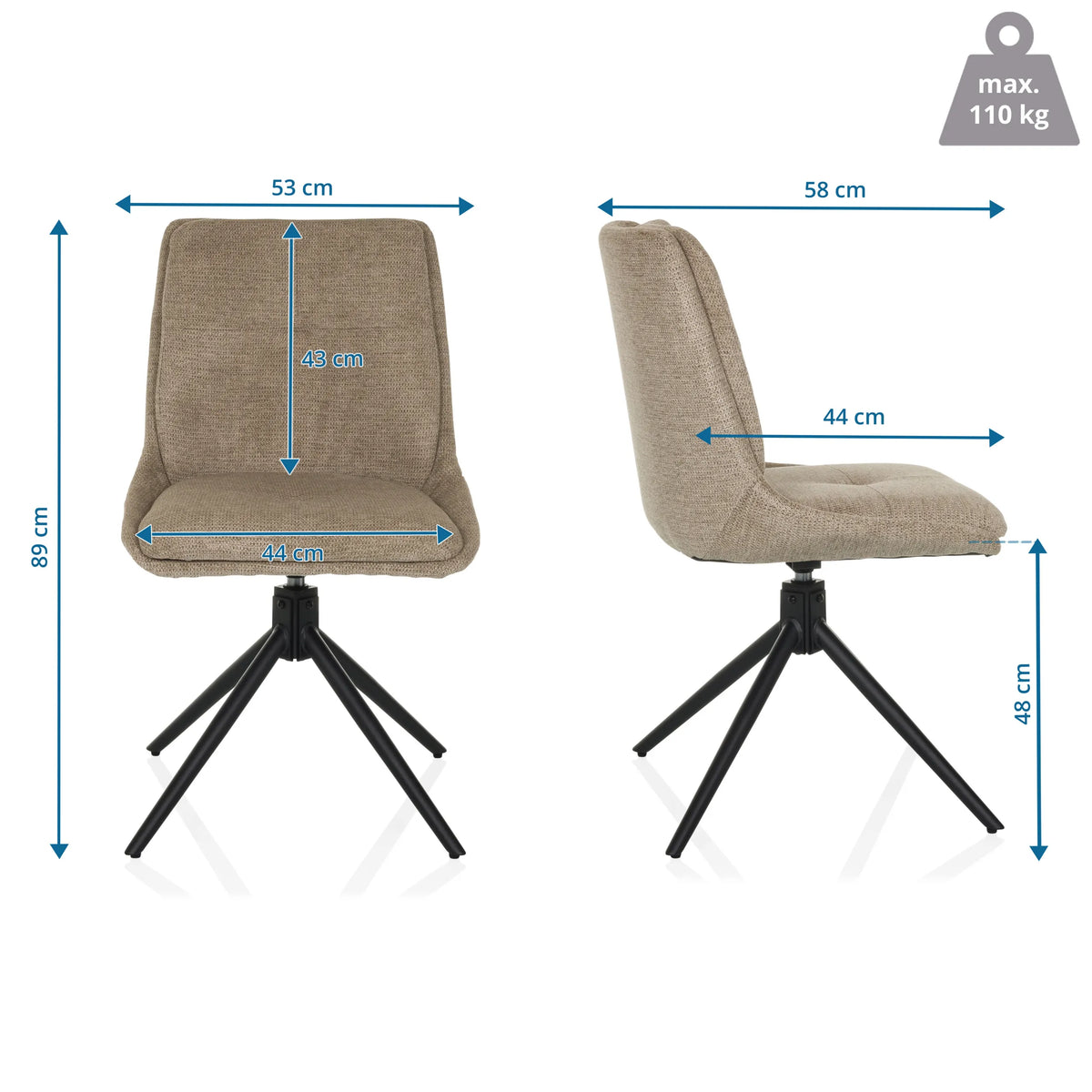 Dessin coté de la Chaise rembourrée TARVISO I avec une hauteur totale de 89 cm et une largeur d'assise de 44 cm de hjh LIVING