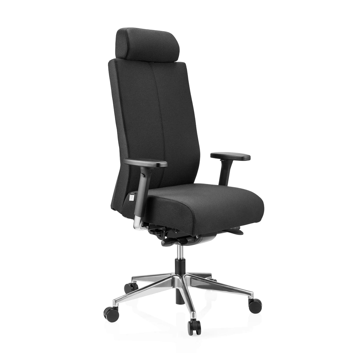 Siège de bureau de qualité professionnelle PRO-TEC XXL noir en tissu avec appui-tête et base à 5 roulettes de hjh OFFICE – vue à 360° (vue de trois quarts avant 45°)