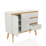 Weißes Sideboard TAROLO I mit geöffneter Tür und einer Schublade auf Holzfüßen von hjh LIVING