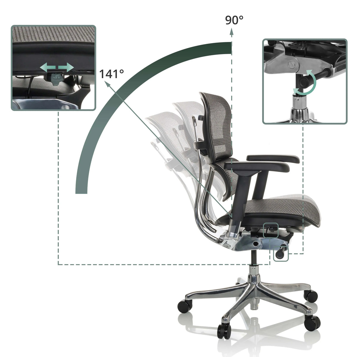 Dossier réglable de 90 à 141 degrés du siège de direction de luxe ERGOHUMAN BASE GEN2 avec revêtement en maille de hjh OFFICE