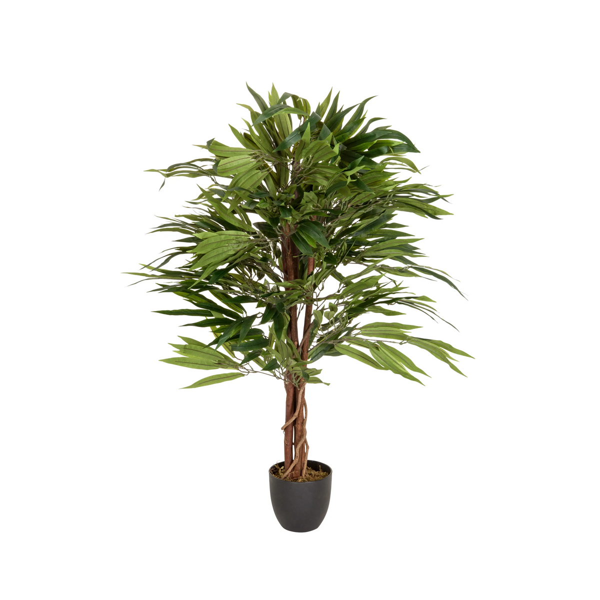 Plante artificielle verte MANGO avec tronc tressé dans un pot noir de hjh OFFICE – vue à 360° (vue de face 0°)