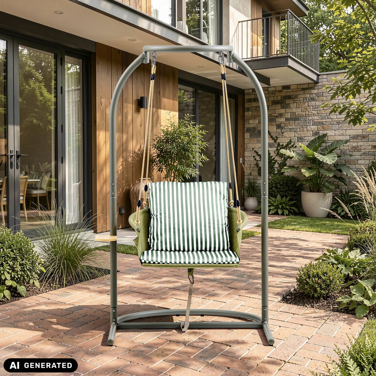 Fauteuil suspendu Skylo avec coussin à rayures vert et blanc et structure en métal gris de hjh LIVING (image générée par IA)