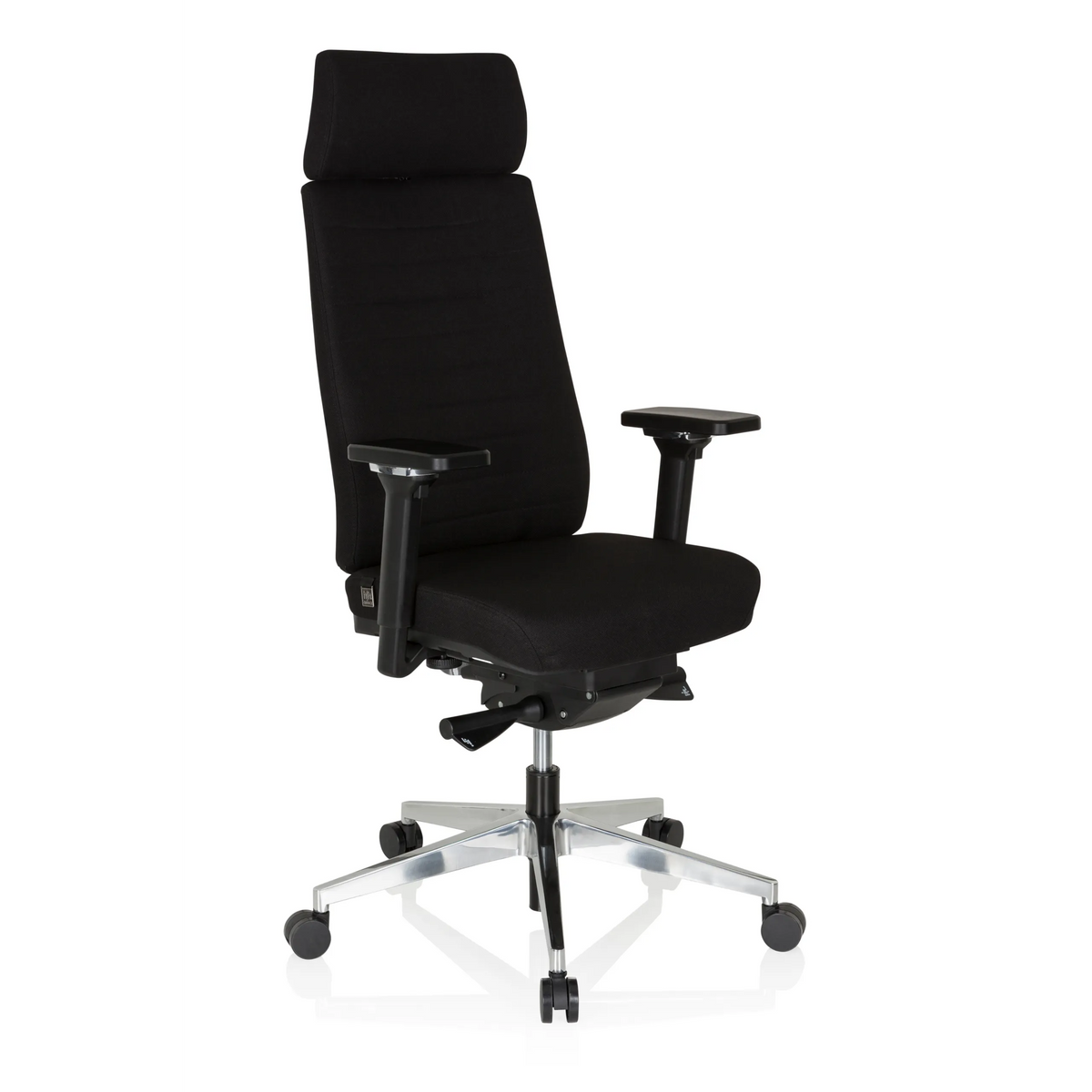 Siège de bureau de qualité professionnelle MOVE-TEC PRO 3D noir avec appui-tête et base à cinq roulettes de hjh OFFICE – vue à 360° (vue de trois quarts avant 40°)