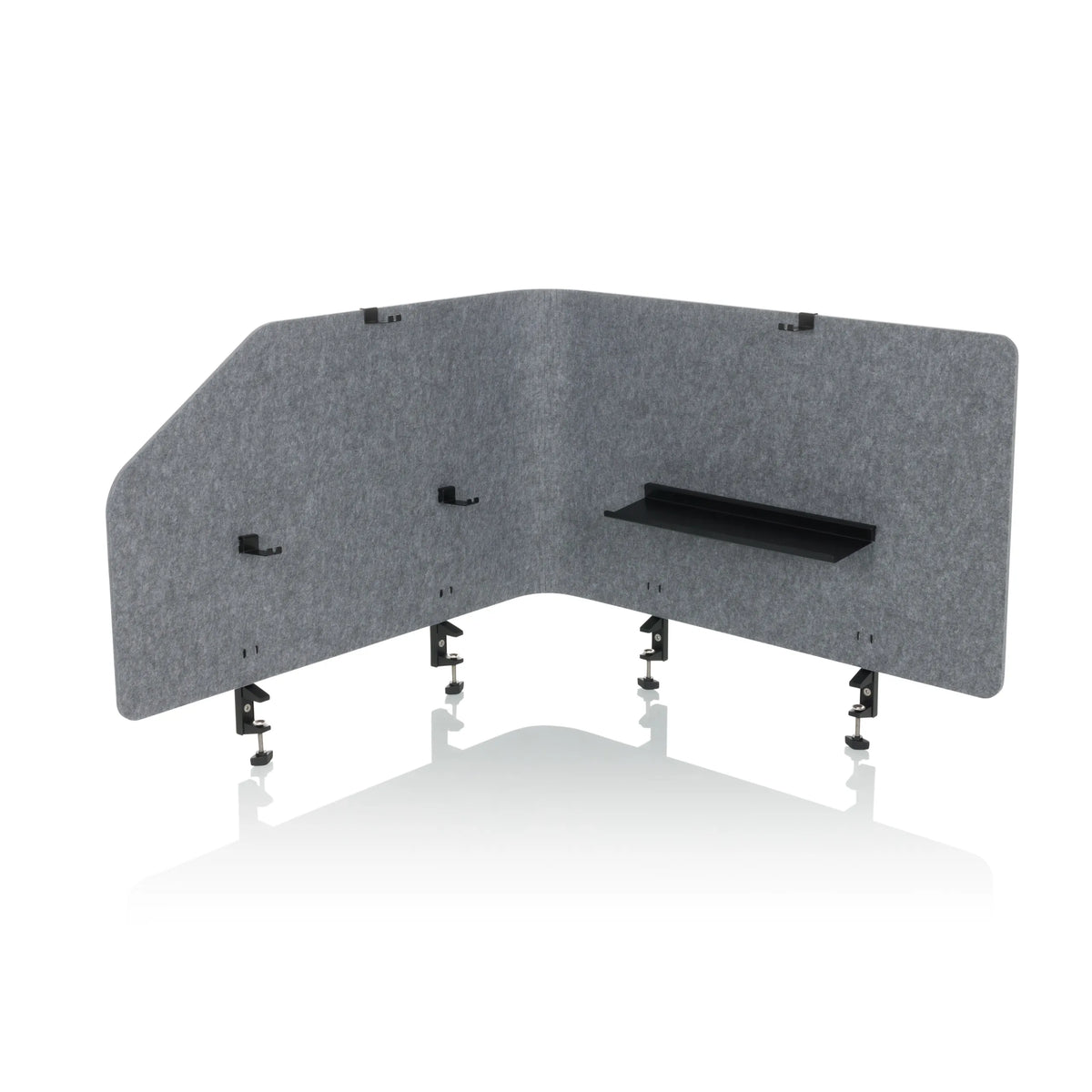 Cloison de table FLEXMIUT T TOP grise avec tablette intégrée et pinces de fixation de hjh OFFICE – vue à 360° (vue de face 0°)