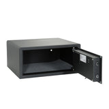 Coffre-fort noir SAFE COMPACT I avec serrure numérique et poignée rotative de hjh OFFICE – vue à 360° (vue de trois quarts arrière 240°)