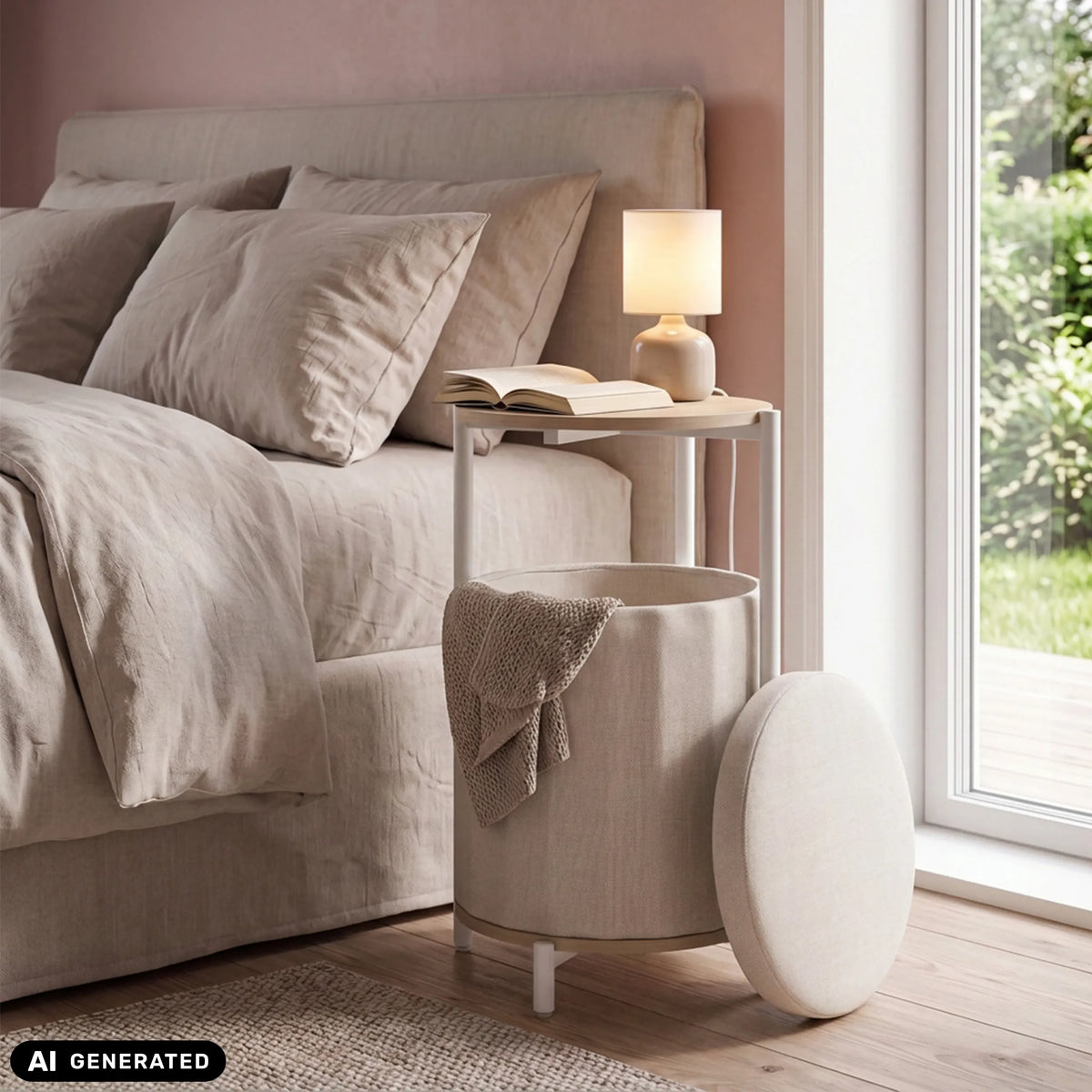 Table d'appoint Nestup 1 en blanc et chêne à côté d'un lit de hjh LIVING (image générée par IA)