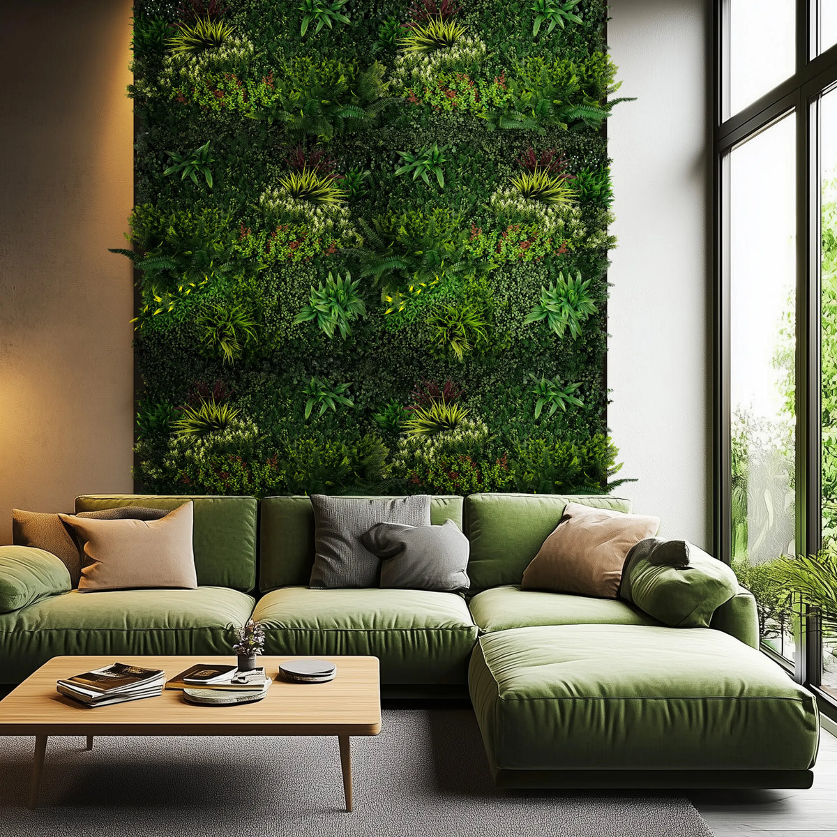 Tapis végétal vert LEAFLUXE 3D comme végétalisation murale verticale dans un salon de hjh LIVING