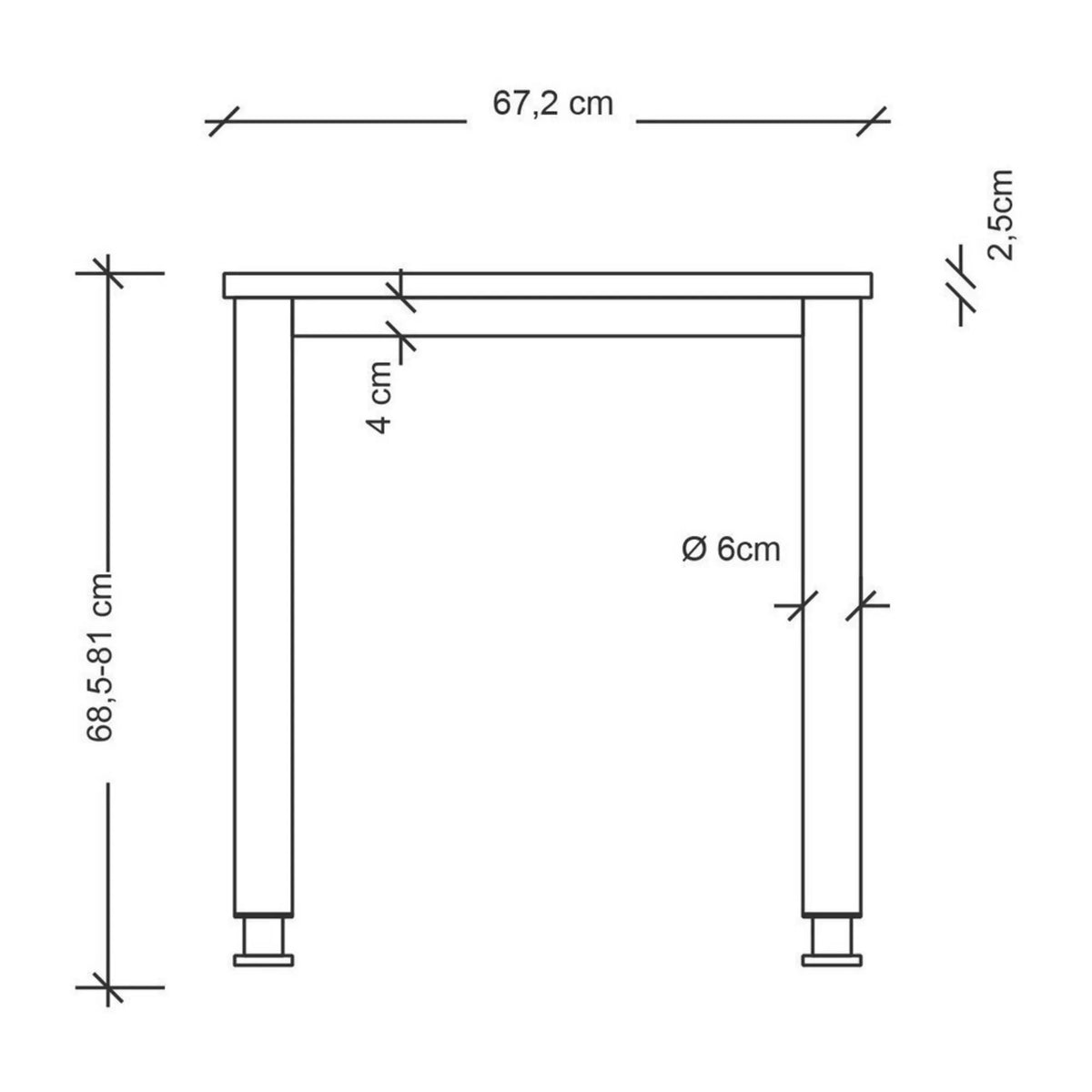 Dessin coté du bureau HILO 614 S d'une largeur de 67,2 cm et d'une hauteur de 68,5-81 cm de hjh OFFICE PRO