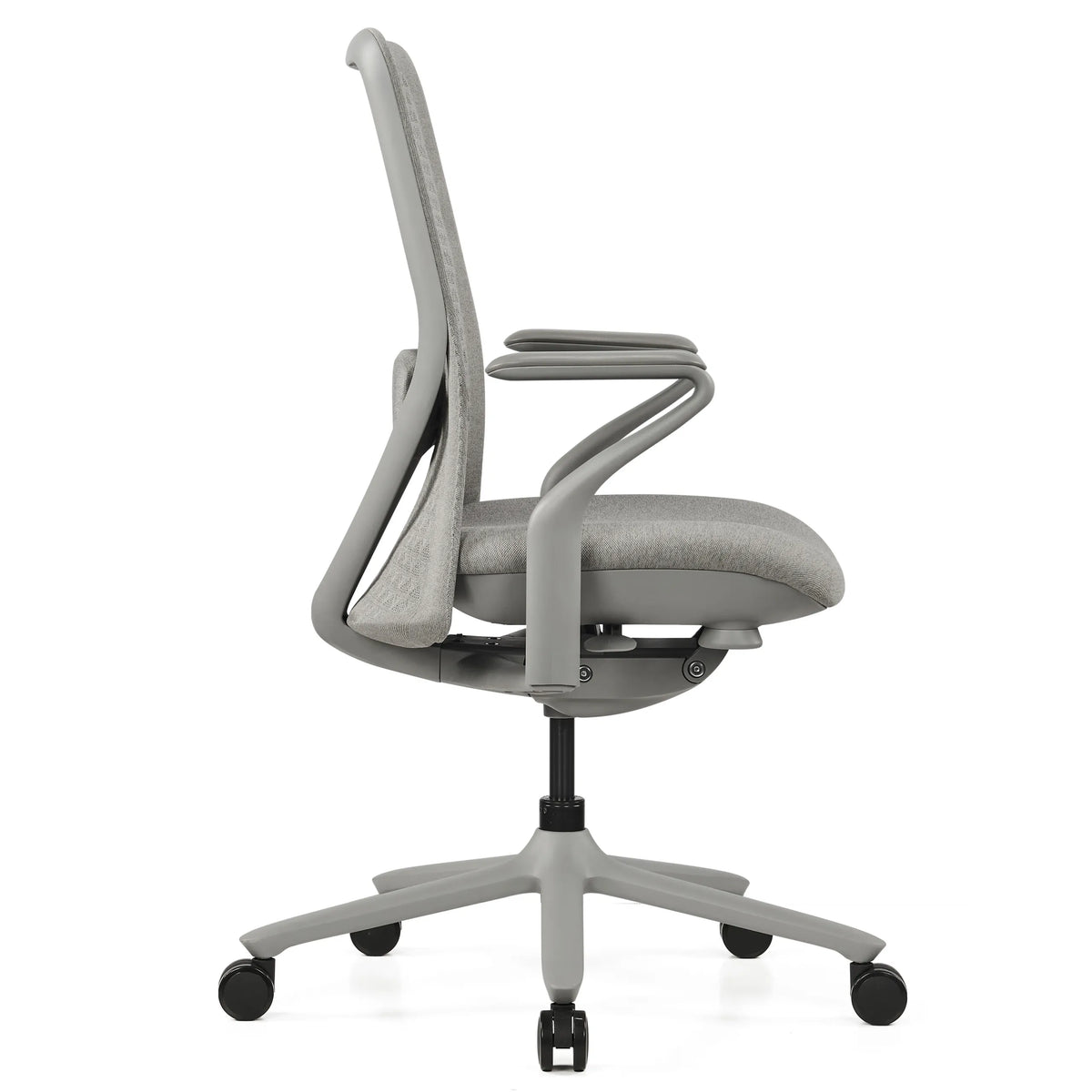 Siège de bureau haut de gamme VERVIO gris en vue latérale avec base à roulettes et accoudoirs de hjh OFFICE