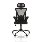 Siège de bureau de qualité professionnelle ARIGANO noir, dossier maille, appuie-tête et base 5 roulettes de hjh OFFICE – vue à 360° (vue de face 0°)