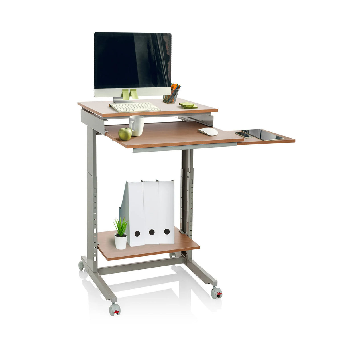 Bureau assis-debout WORKSTATION en hêtre et gris avec deux niveaux, compartiment de rangement et roulettes de hjh OFFICE