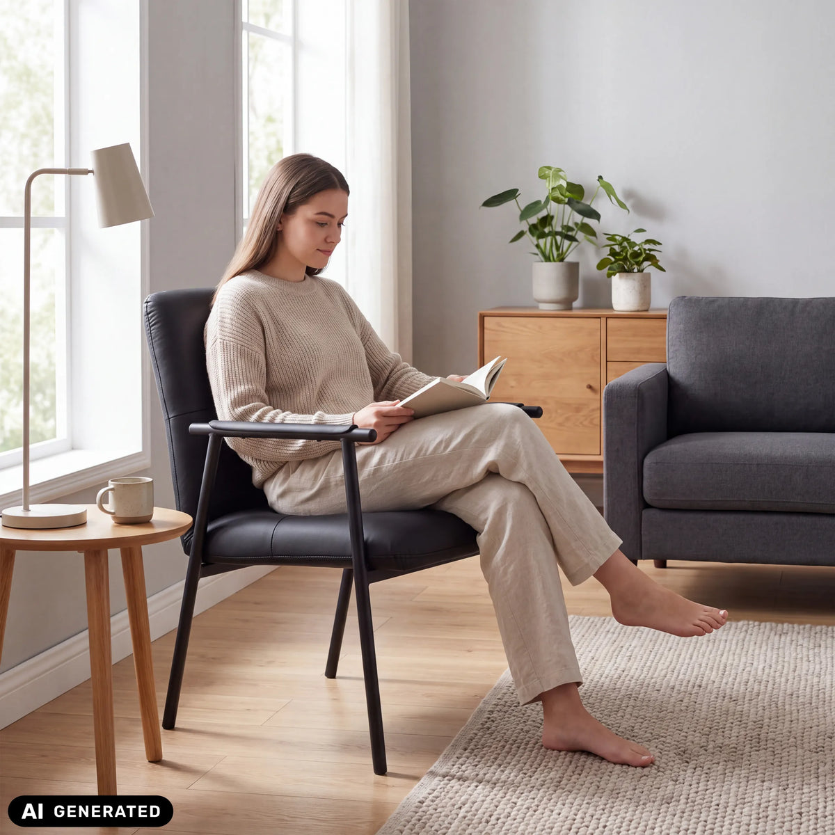 Chaise rembourrée Lifea Flex noire en similicuir avec accoudoirs de hjh LIVING (image générée par IA)