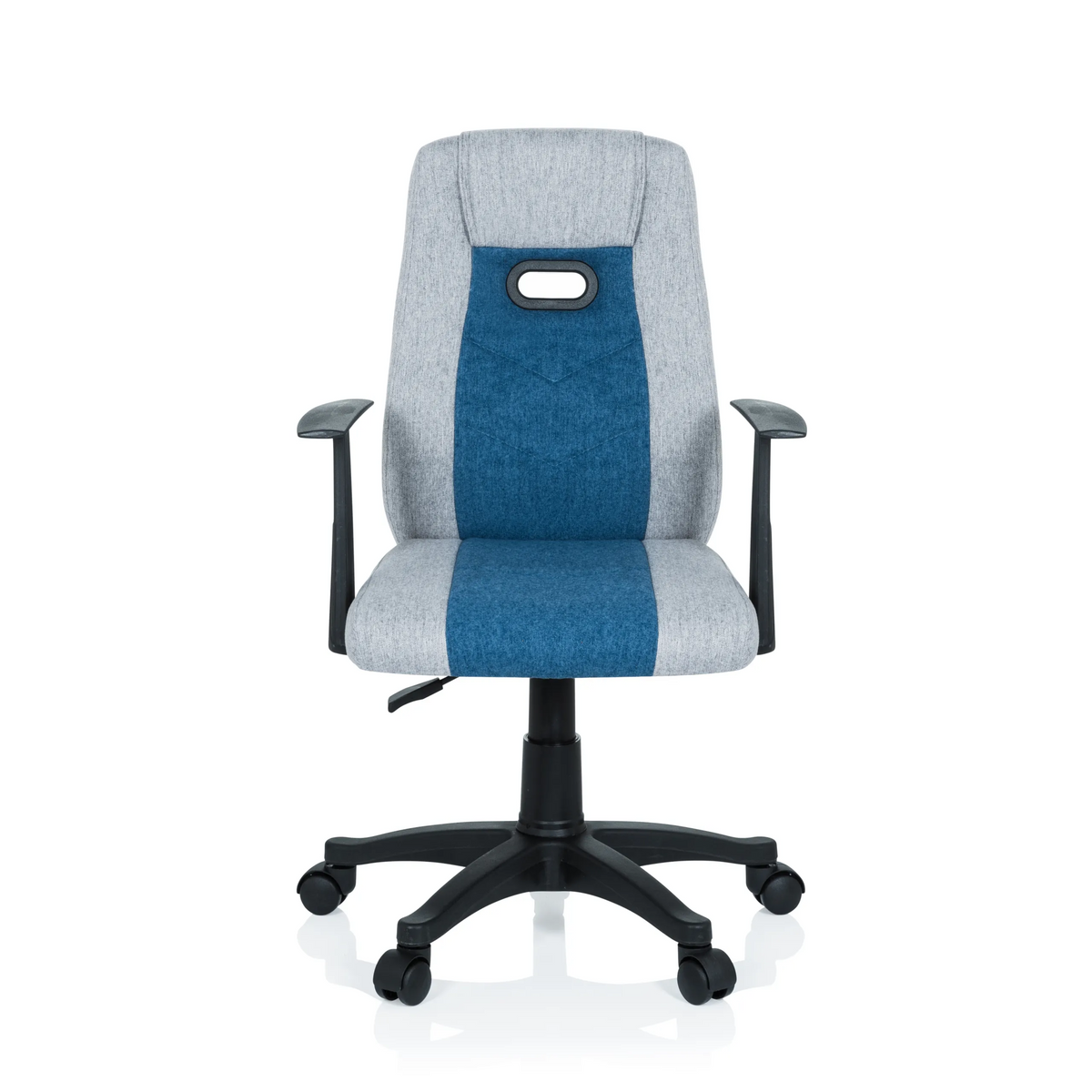 Chaise pivotante pour des enfants KIDDY EXTRA gris-bleu avec accoudoirs et base à cinq roulettes de hjh OFFICE – vue à 360° (vue de face 0°)