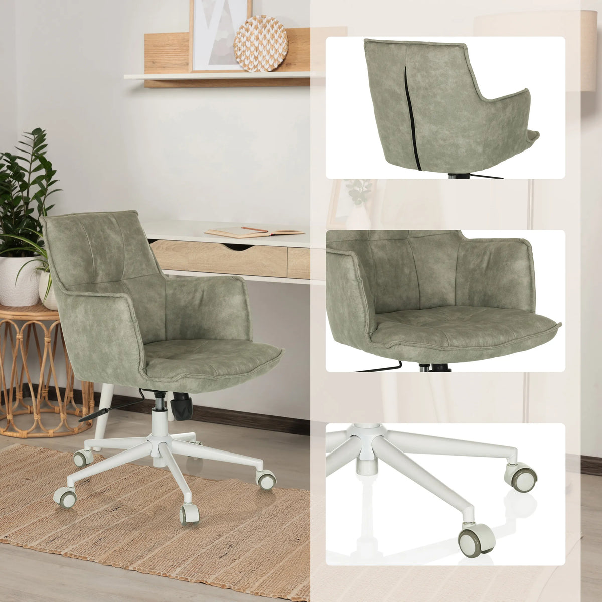 Siège de bureau à domicile SOLAO LIFE W gris avec vues détaillées du rembourrage et du pied blanc à roulettes de hjh LIVING