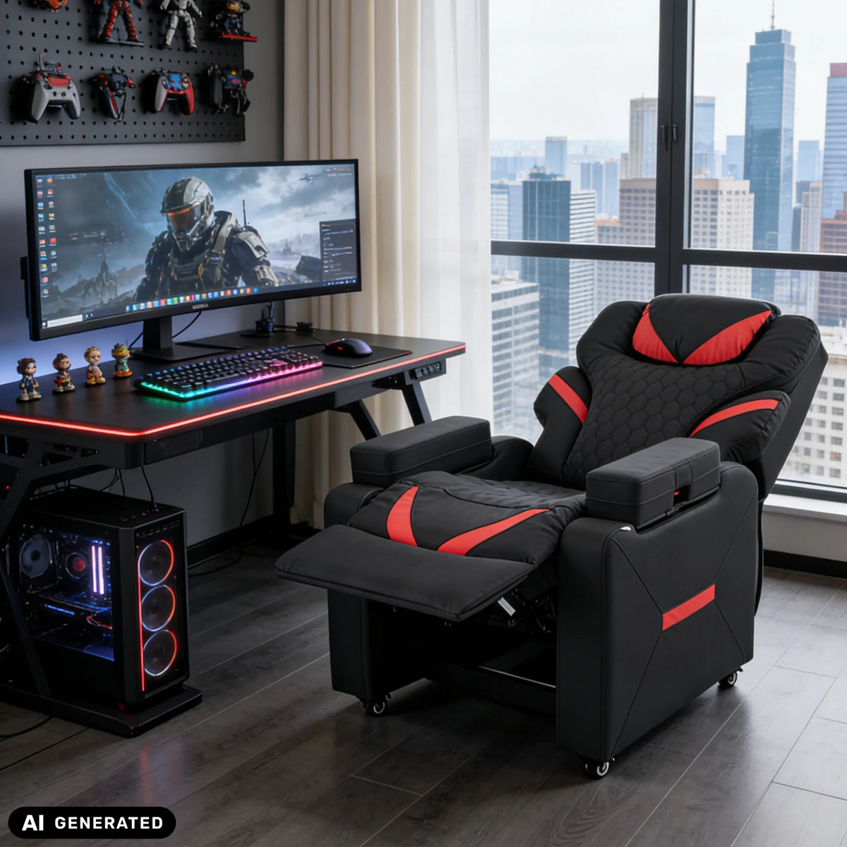 Fauteuil de salon Game Sport RX en noir et rouge avec repose-pieds déployé de hjh OFFICE (image générée par IA)