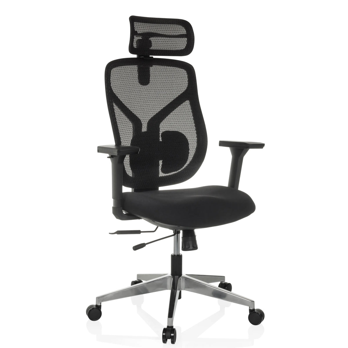 Siège de bureau haut de gamme CASSILIS B noir avec dossier en maille et base à cinq roulettes de hjh OFFICE – vue à 360° (vue de trois quarts avant 30°)