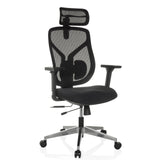 Siège de bureau haut de gamme CASSILIS B noir avec dossier en maille et base à cinq roulettes de hjh OFFICE – vue à 360° (vue de trois quarts avant 30°)