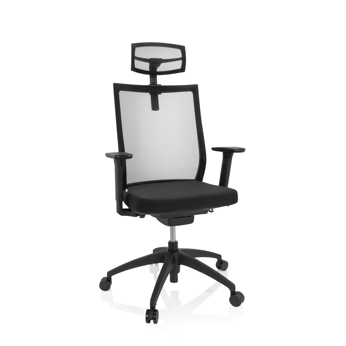 Siège de bureau de qualité professionnelle ASPEN PRO noir, dossier maille, appuie-tête et base à roulettes de hjh OFFICE – vue à 360° (vue de face 20°)