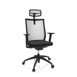 Siège de bureau de qualité professionnelle ASPEN PRO noir, dossier maille, appuie-tête et base à roulettes de hjh OFFICE – vue à 360° (vue de face 20°)