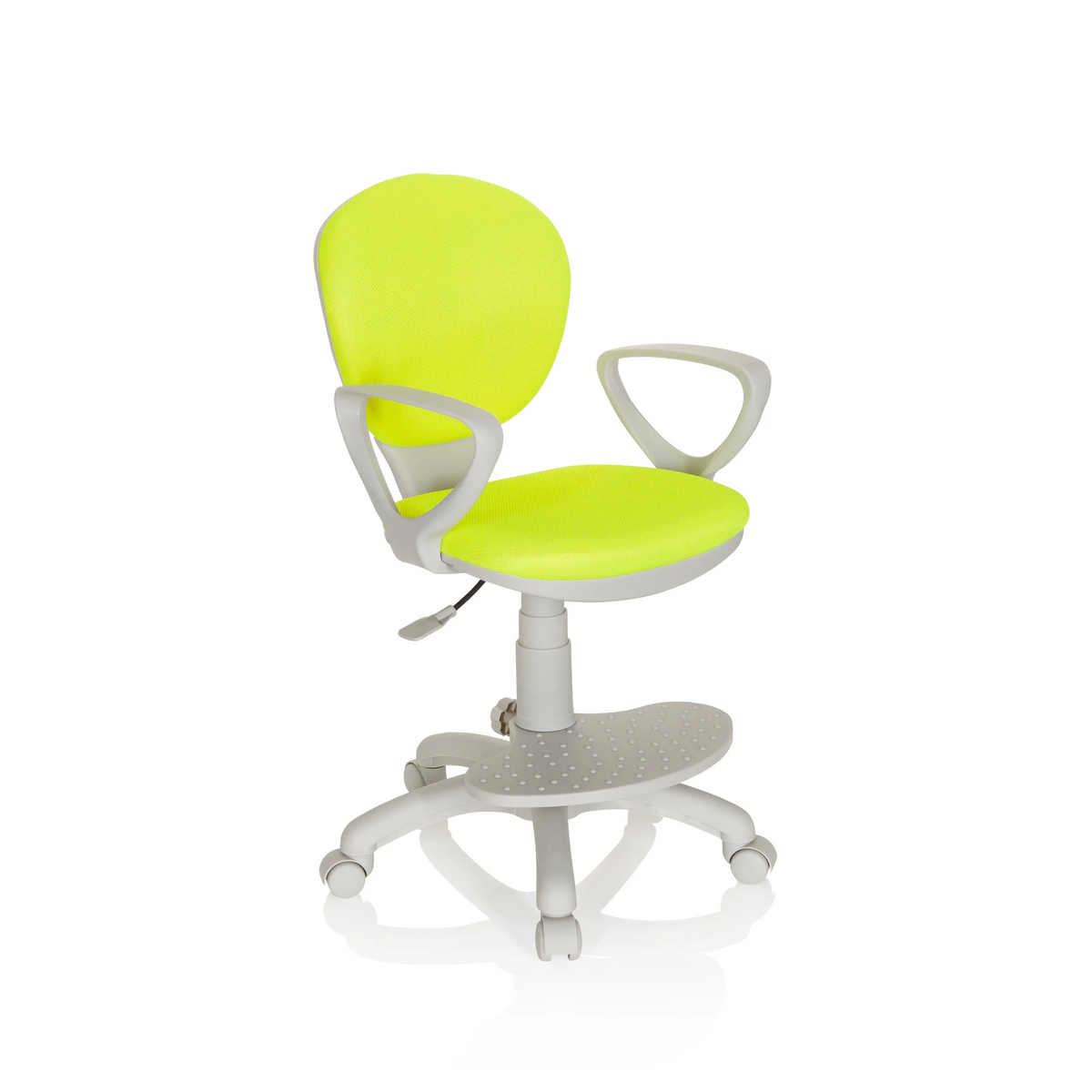 Chaise pivotante pour des enfants KID COLOUR G1 verte avec accoudoirs gris et piètement à cinq roulettes de hjh OFFICE – vue à 360° (vue de trois quarts avant 40°)