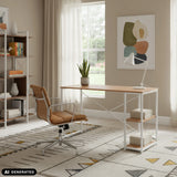 Bureau Easy Up2 en blanc et chêne avec étagère intégrée de hjh LIVING (image générée par IA)