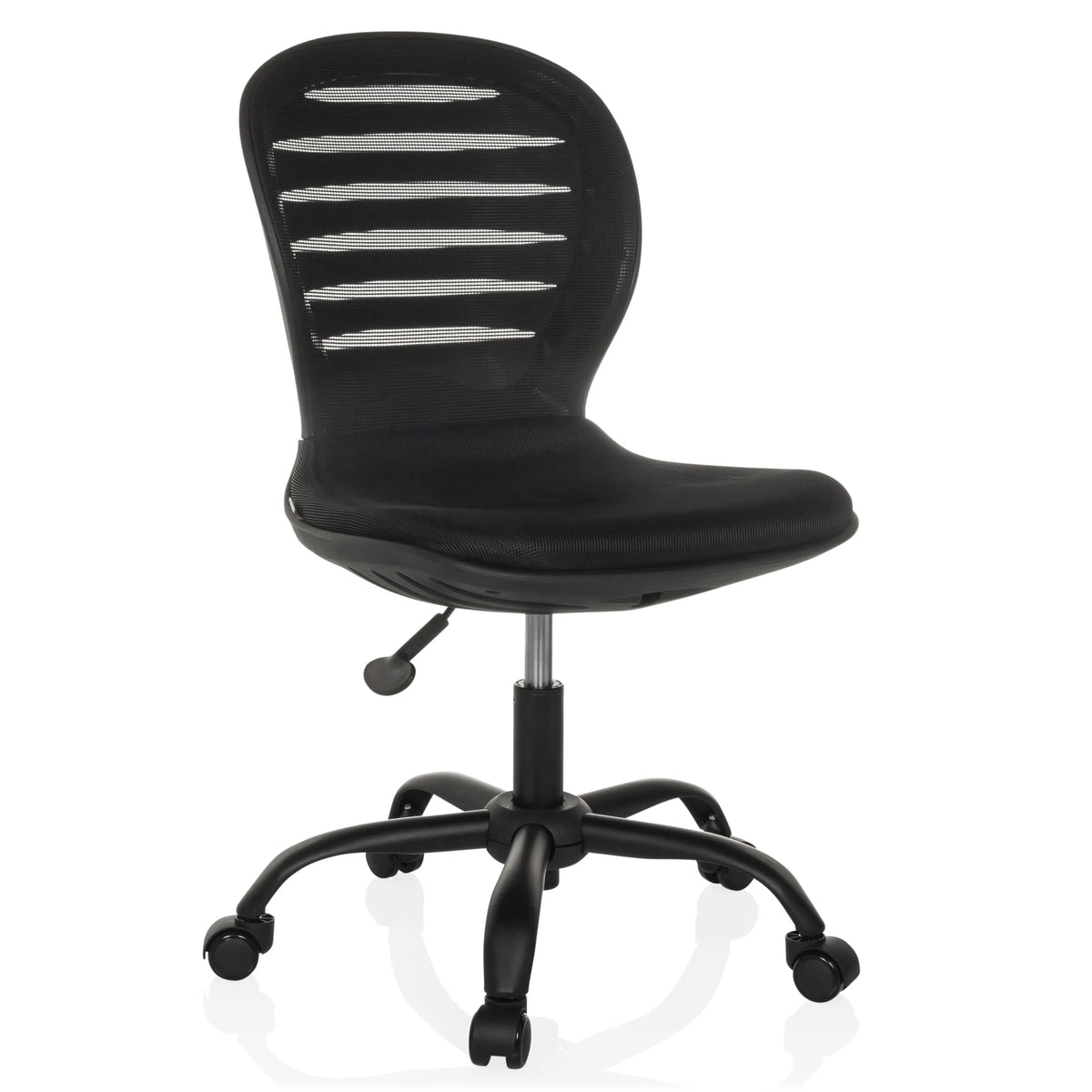 Siège de bureau à domicile CASLA noir avec dossier en maille et base à cinq roulettes de hjh OFFICE – vue à 360° (vue de trois quarts avant 30°)