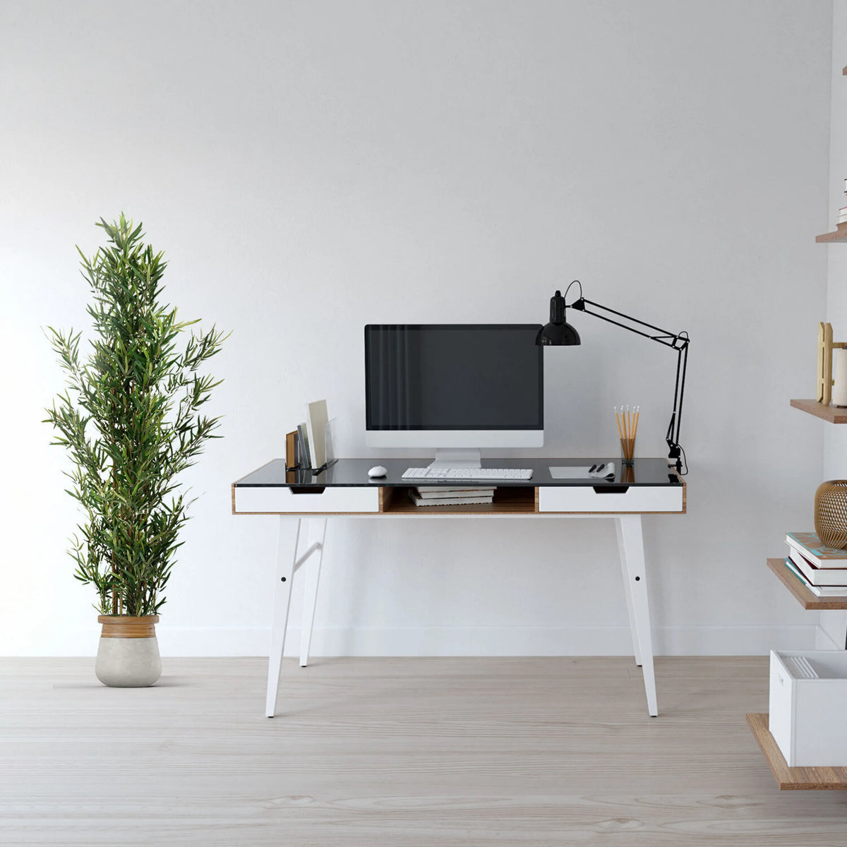Plante artificielle verte BAMBUS dans un pot clair de hjh OFFICE